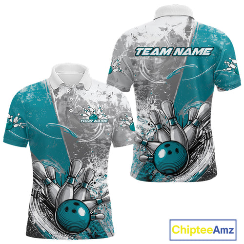 Custom Grunge Blue Bowling Polo Shirts For Men, Distressed Vintage Bowling Team Shirts IPHW9551