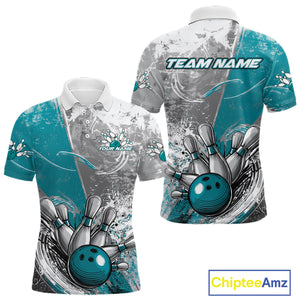 Custom Grunge Blue Bowling Polo Shirts For Men, Distressed Vintage Bowling Team Shirts IPHW9551