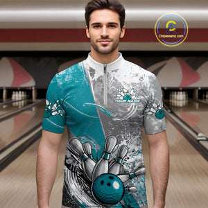 Custom Grunge Blue Bowling Quarter-Zip Shirts For Men, Distressed Vintage Bowling Team Shirts IPHW9551
