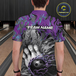 Custom Blue And Purple Fame Bowling Team Polo Shirts For Men, Fire Bowling Jerseys IPHW9559