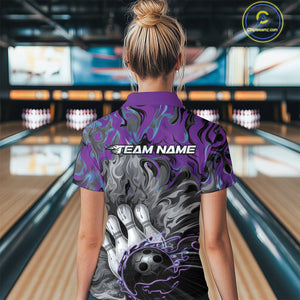 Custom Blue And Purple Fame Bowling Team Polo Shirts For Women, Fire Bowling Jerseys IPHW9559