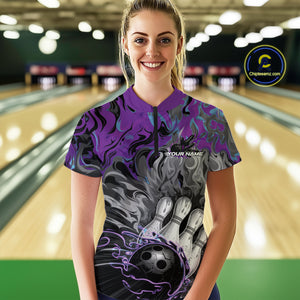 Custom Blue And Purple Fame Bowling Team Women Quarter-Zip Shirt, Fire Bowling Jerseys IPHW9559