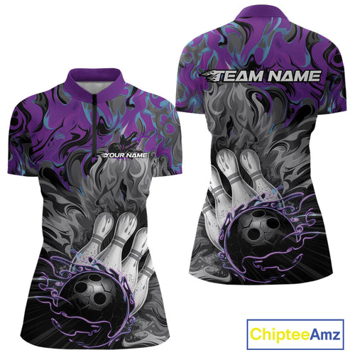 Custom Blue And Purple Fame Bowling Team Women Quarter-Zip Shirt, Fire Bowling Jerseys IPHW9559