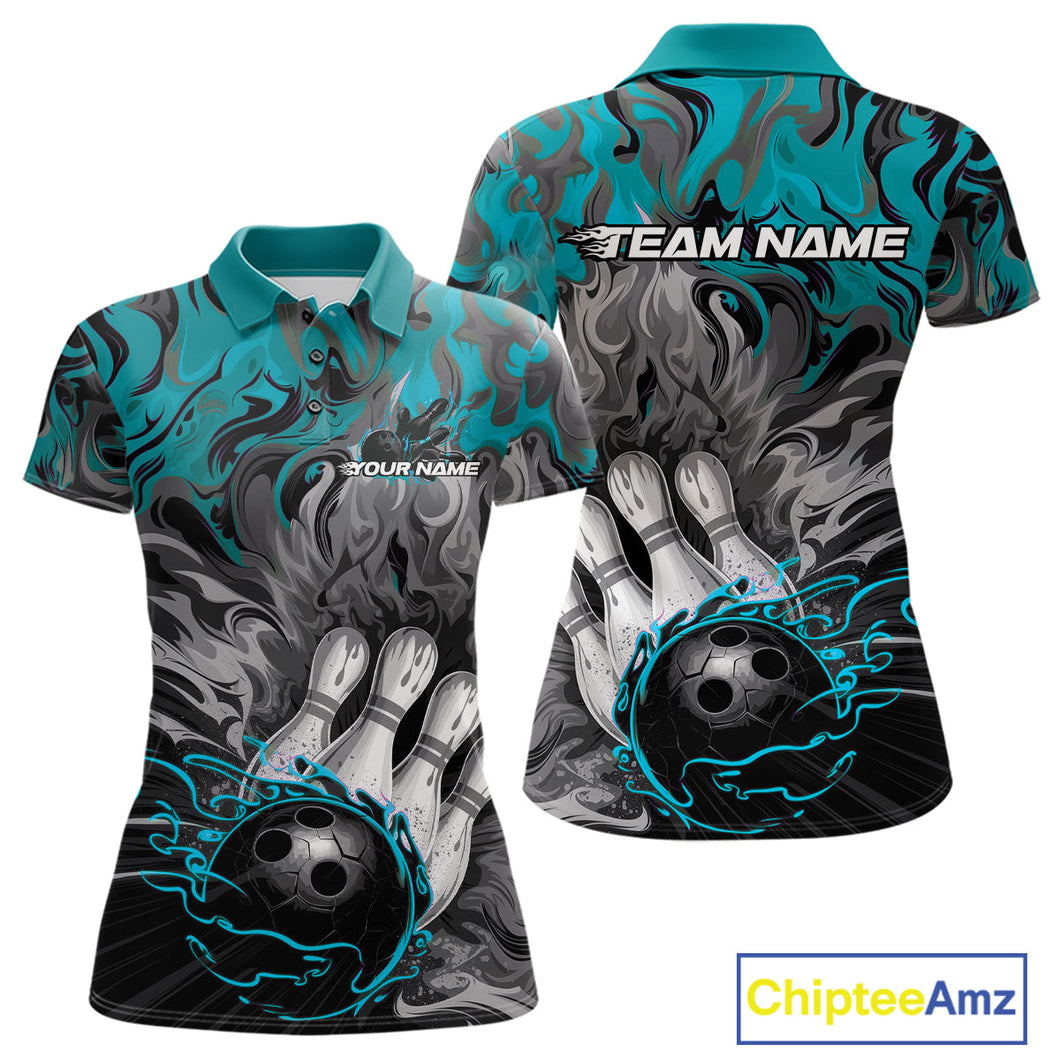 Custom Blue Fame Bowling Team Polo Shirts For Women, Fire Bowling Jerseys IPHW9560