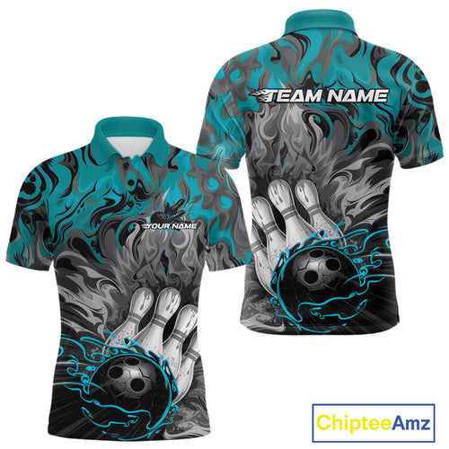 Custom Blue Fame Bowling Team Polo Shirts For Men, Fire Bowling Jerseys IPHW9560