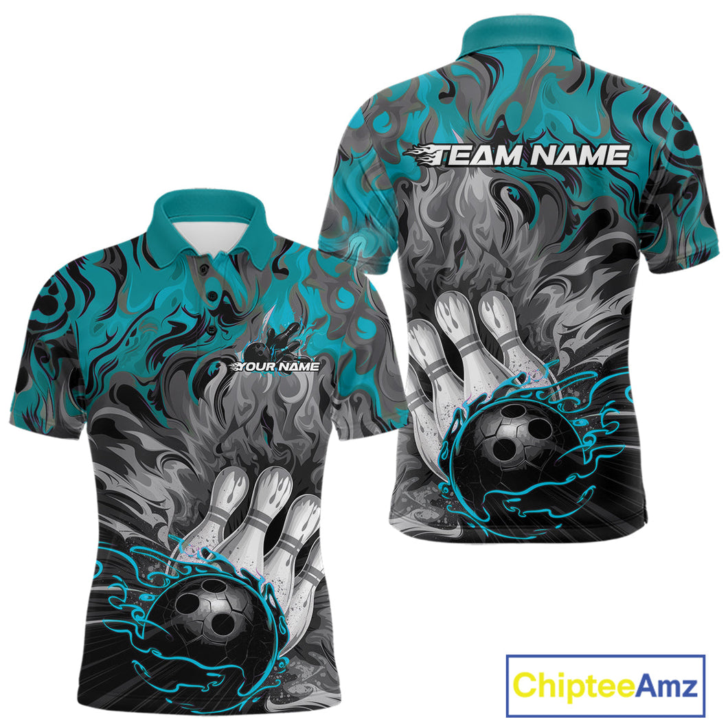 Custom Blue Fame Bowling Team Polo Shirts For Men, Fire Bowling Jerseys IPHW9560