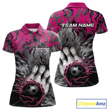 Load image into Gallery viewer, Custom Pink Flame Bowling Team Polo Shirts For Women, Fire Bowling Jerseys IPHW9561