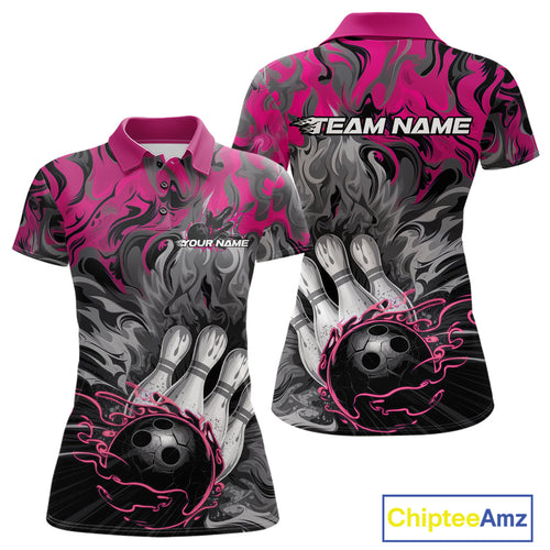 Custom Pink Flame Bowling Team Polo Shirts For Women, Fire Bowling Jerseys IPHW9561