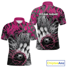 Load image into Gallery viewer, Custom Pink Flame Bowling Team Polo Shirts For Men, Fire Bowling Jerseys IPHW9561