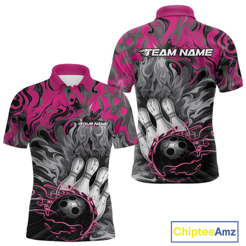 Custom Pink Flame Bowling Team Polo Shirts For Men, Fire Bowling Jerseys IPHW9561