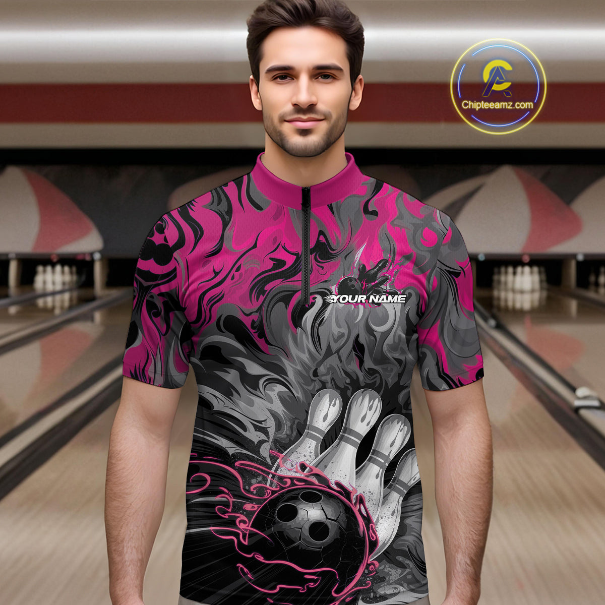 Custom Pink Flame Bowling Team Quarter-Zip Shirts For Men, Fire Bowling Jerseys IPHW9561