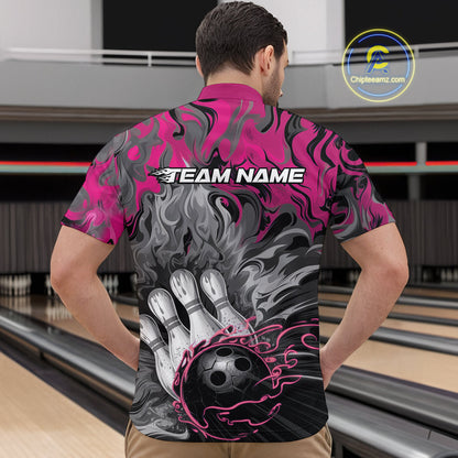 Custom Pink Flame Bowling Team Quarter-Zip Shirts For Men, Fire Bowling Jerseys IPHW9561