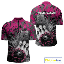 Load image into Gallery viewer, Custom Pink Flame Bowling Team Quarter-Zip Shirts For Men, Fire Bowling Jerseys IPHW9561