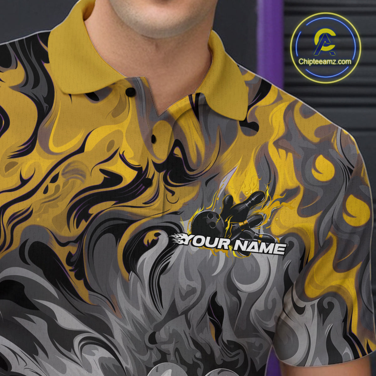 Custom Yellow Fame Bowling Team Polo Shirts For Men, Fire Bowling Jerseys IPHW9562