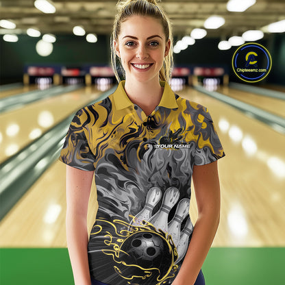Custom Yellow Fame Bowling Team Polo Shirts For Women, Fire Bowling Jerseys IPHW9562