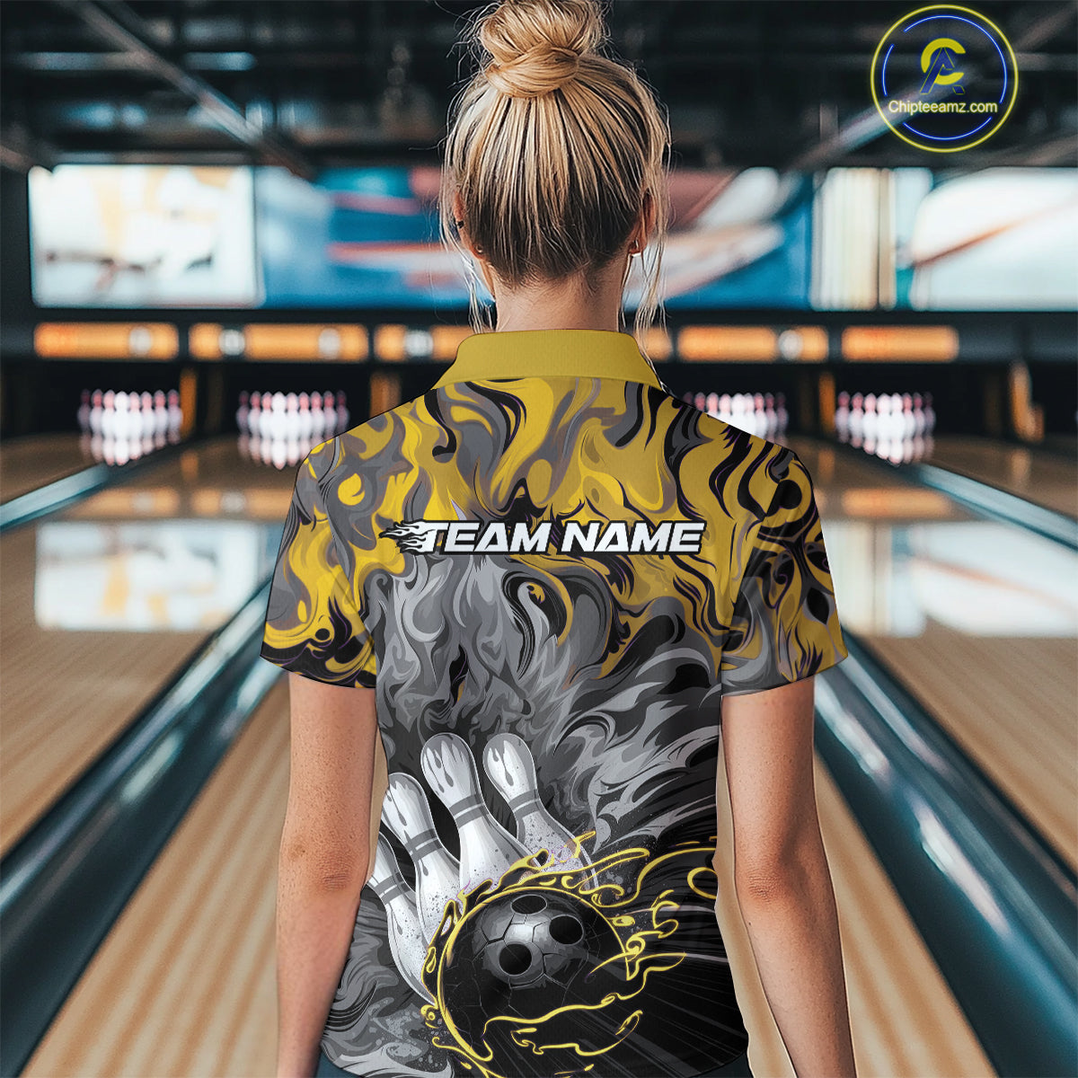 Custom Yellow Fame Bowling Team Polo Shirts For Women, Fire Bowling Jerseys IPHW9562