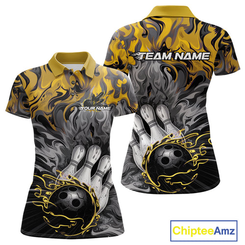 Custom Yellow Fame Bowling Team Polo Shirts For Women, Fire Bowling Jerseys IPHW9562