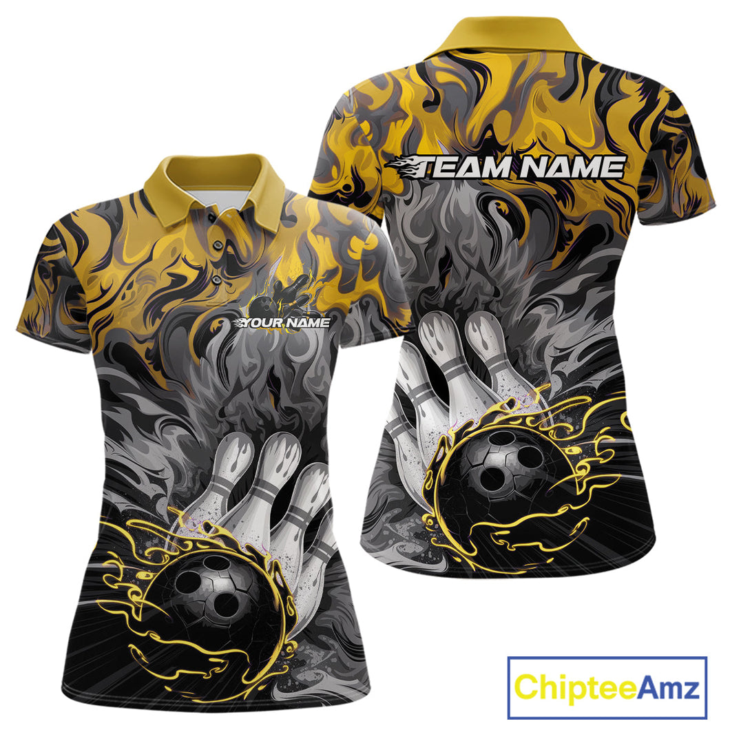 Custom Yellow Fame Bowling Team Polo Shirts For Women, Fire Bowling Jerseys IPHW9562