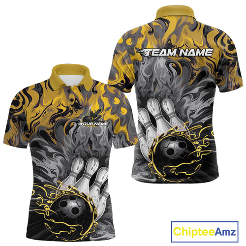 Custom Yellow Fame Bowling Team Polo Shirts For Men, Fire Bowling Jerseys IPHW9562