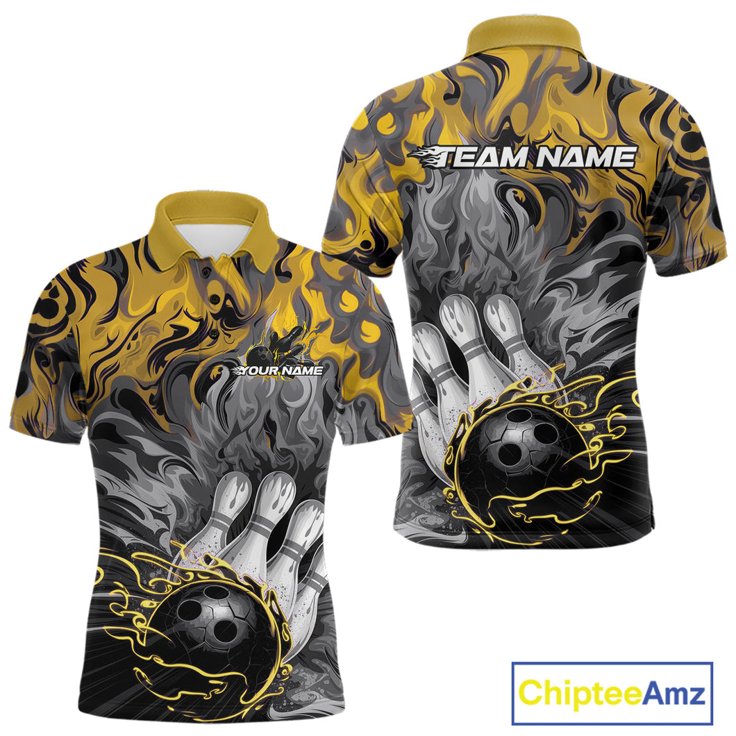 Custom Yellow Fame Bowling Team Polo Shirts For Men, Fire Bowling Jerseys IPHW9562