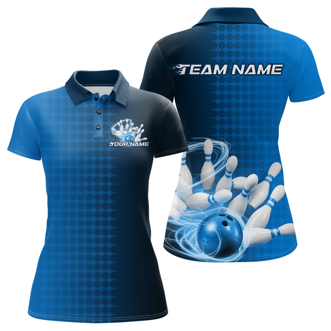 Custom Blue Flame Bowling Polo Shirts For Women, Bowling Tournament Team Shirt IPHW9407