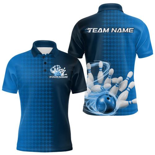 Custom Blue Flame Bowling Polo Shirts For Men, Bowling Tournament Team Shirt IPHW9407