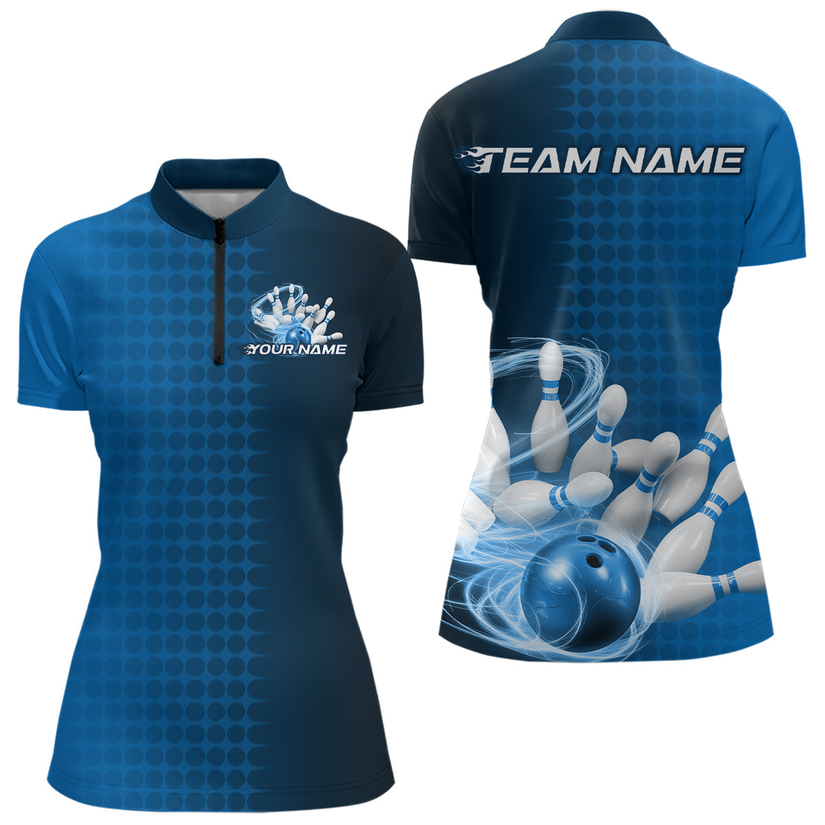 Custom Blue Flame Bowling Women Quarter-Zip Shirts, Bowling Tournament Team Shirt IPHW9407