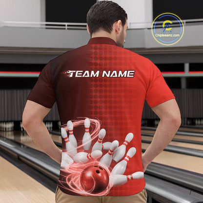 Custom Red Flame Bowling Quarter-Zip Shirts For Men, Bowling Tournament Team Shirt IPHW9408