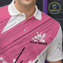 Load image into Gallery viewer, Custom White And Pink Bowling Team Men Polo Shirts, Bowling Ball And Pins Jerseys IPHW9599