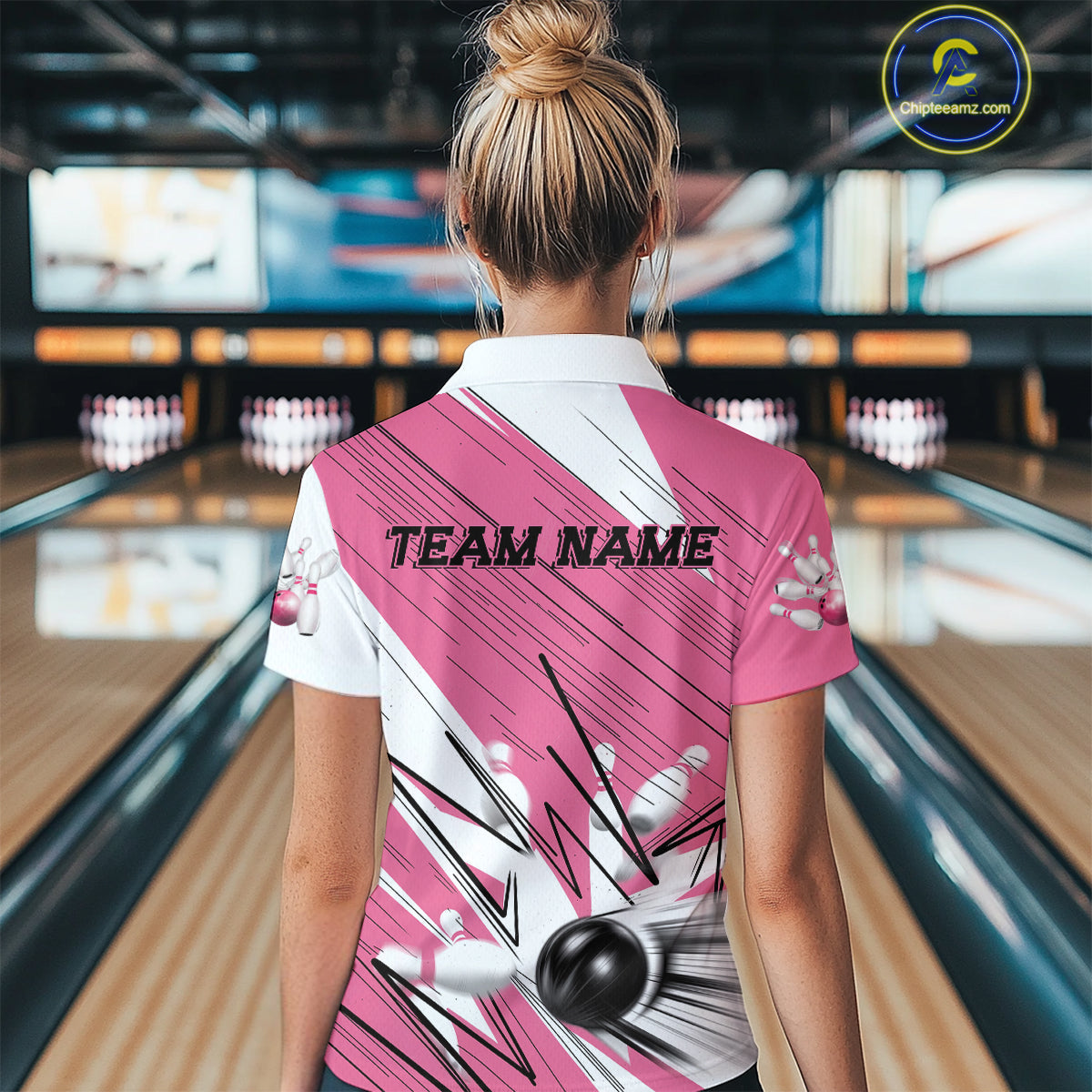 Custom White And Pink Bowling Team Women Polo Shirts, Bowling Ball And Pins Jerseys IPHW9599