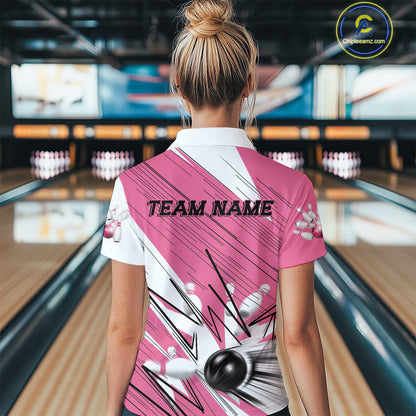 Custom White And Pink Bowling Team Women Polo Shirts, Bowling Ball And Pins Jerseys IPHW9599