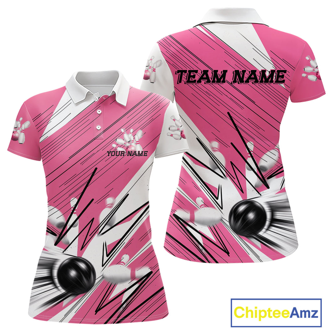 Custom White And Pink Bowling Team Women Polo Shirts, Bowling Ball And Pins Jerseys IPHW9599