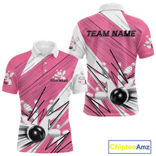 Load image into Gallery viewer, Custom White And Pink Bowling Team Men Polo Shirts, Bowling Ball And Pins Jerseys IPHW9599