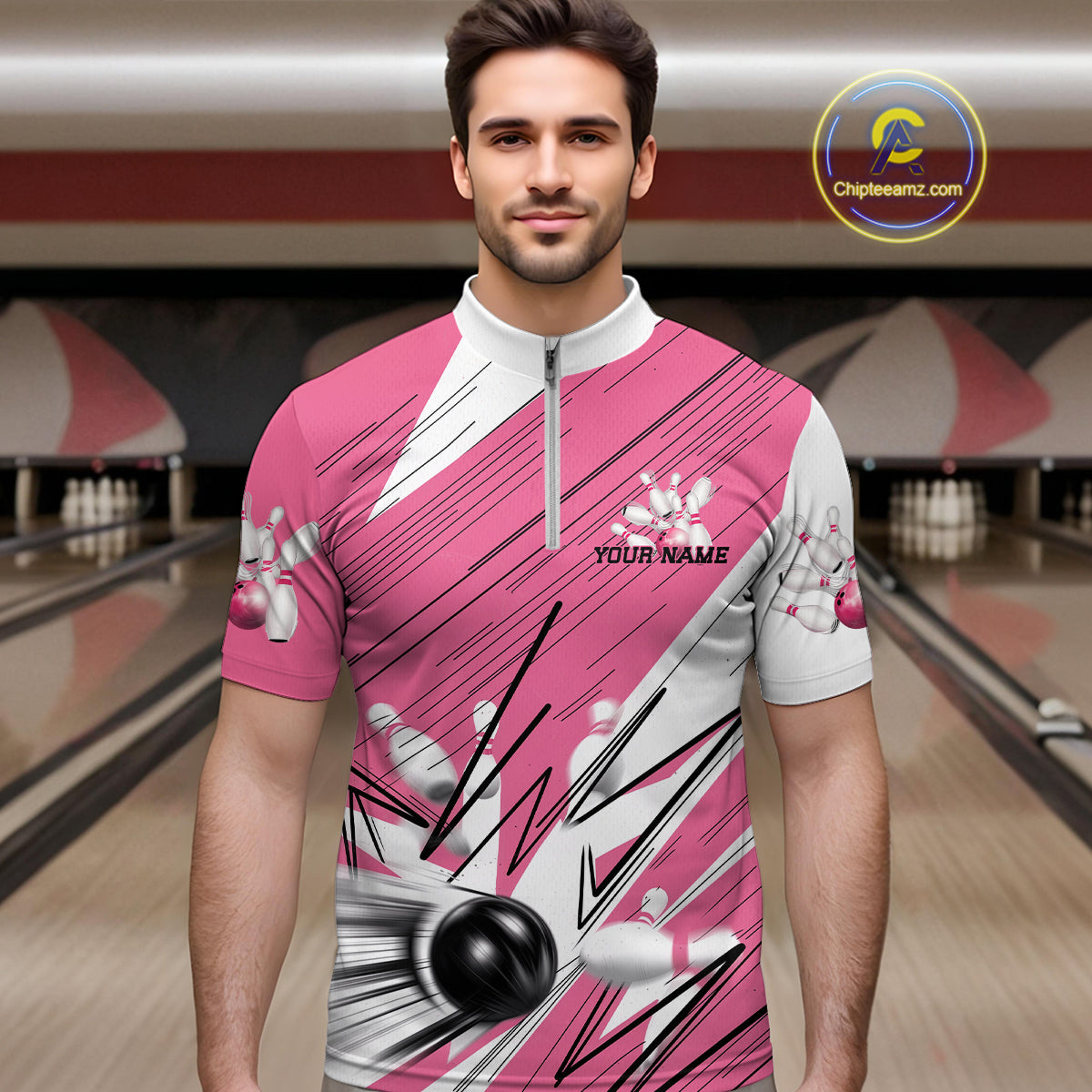 Custom White And Pink Bowling Team Men Quarter-Zip Shirts, Bowling Ball And Pins Jerseys IPHW9599