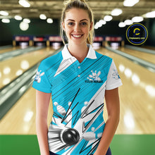Load image into Gallery viewer, Custom White And Blue Bowling Team Women Polo Shirts, Bowling Ball And Pins Jerseys IPHW9600