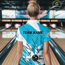 Load image into Gallery viewer, Custom White And Blue Bowling Team Women Polo Shirts, Bowling Ball And Pins Jerseys IPHW9600