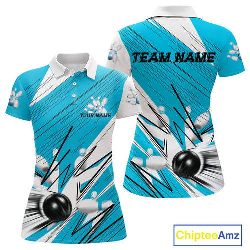 Custom White And Blue Bowling Team Women Polo Shirts, Bowling Ball And Pins Jerseys IPHW9600