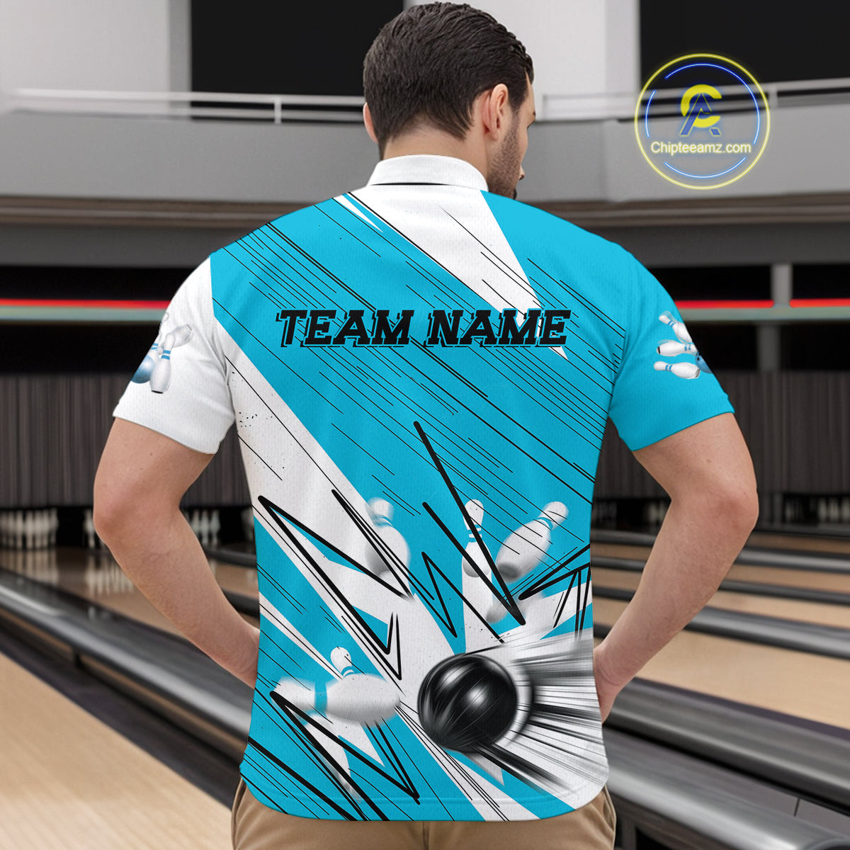 Custom White And Blue Bowling Team Men Quarter-Zip Shirts, Bowling Ball And Pins Jerseys IPHW9600