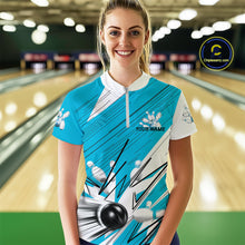 Load image into Gallery viewer, Custom White And Blue Bowling Team Women Quarter-Zip Shirt, Bowling Ball And Pins Jerseys IPHW9600