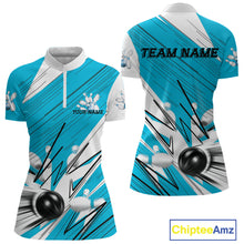 Load image into Gallery viewer, Custom White And Blue Bowling Team Women Quarter-Zip Shirt, Bowling Ball And Pins Jerseys IPHW9600