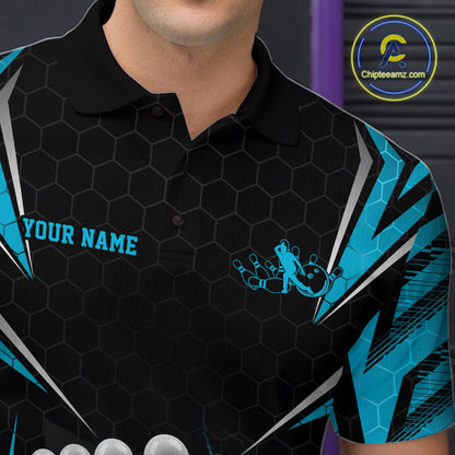 Custom Black And Blue Bowling Team Jerseys, Bowler Uniform Bowling Polo Shirts For Men IPHW9284