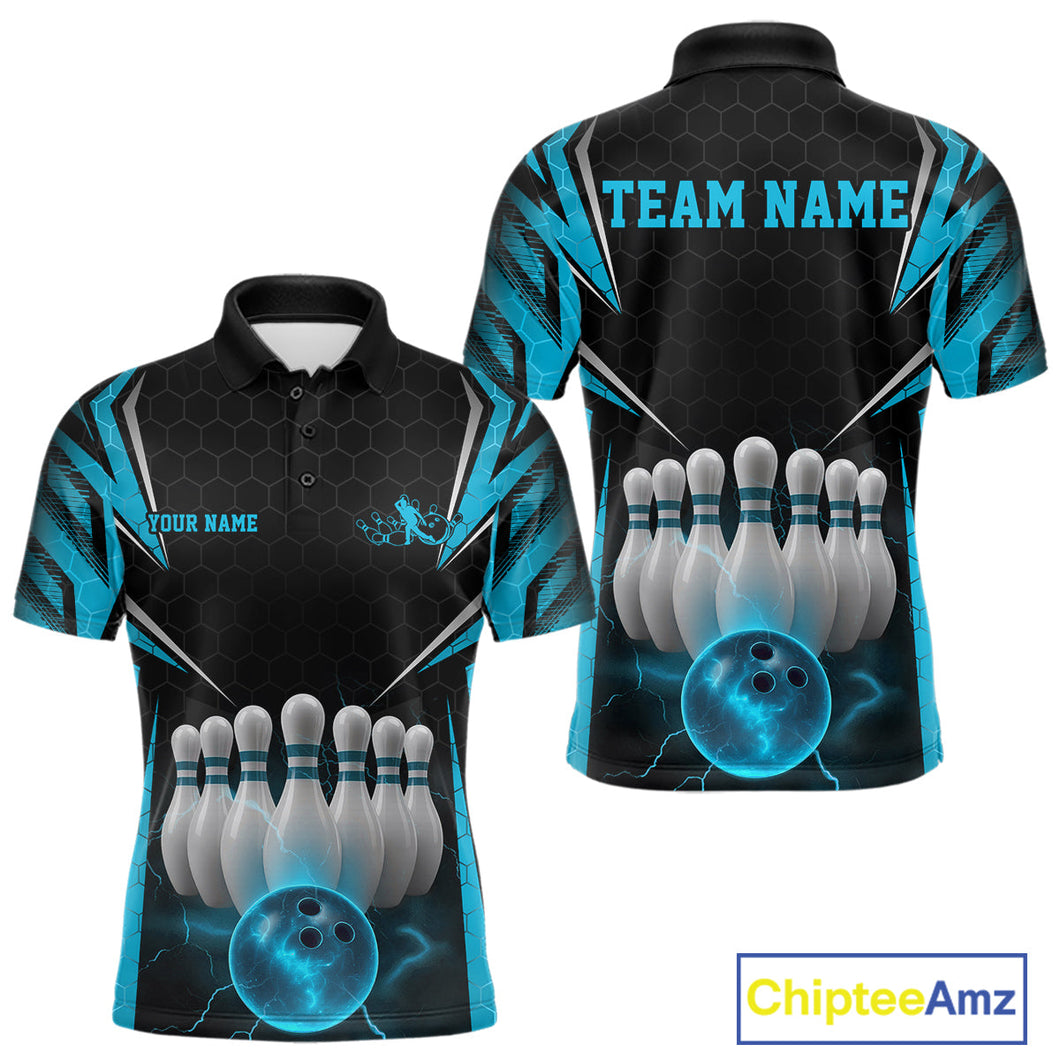 Custom Black And Blue Bowling Team Jerseys, Bowler Uniform Bowling Polo Shirts For Men IPHW9284