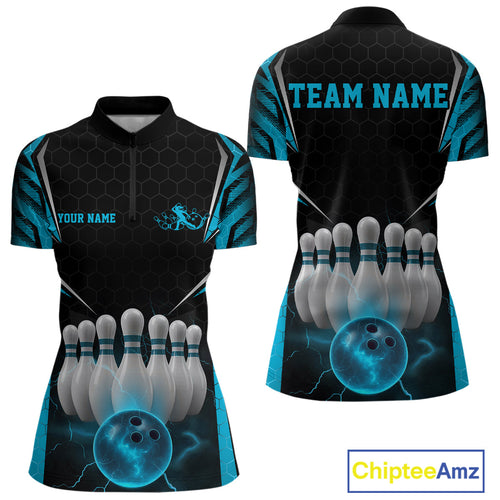 Custom Black And Blue Bowling Team Jersey, Bowler Uniform Bowling Women Quarter-Zip Shirt IPHW9284