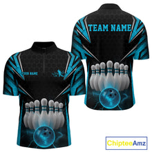 Load image into Gallery viewer, Custom Black And Blue Bowling Team Jerseys, Bowler Uniform Bowling Quarter-Zip Shirts For Men IPHW9284