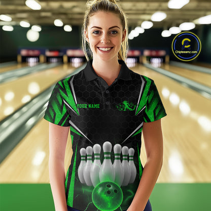 Custom Black And Green Bowling Team Jerseys, Bowler Uniform Bowling Polo Shirts For Women IPHW9285