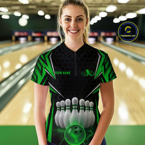 Custom Black And Green Bowling Jersey, Bowler Uniform Bowling Women Quarter-Zip Shirt IPHW9285