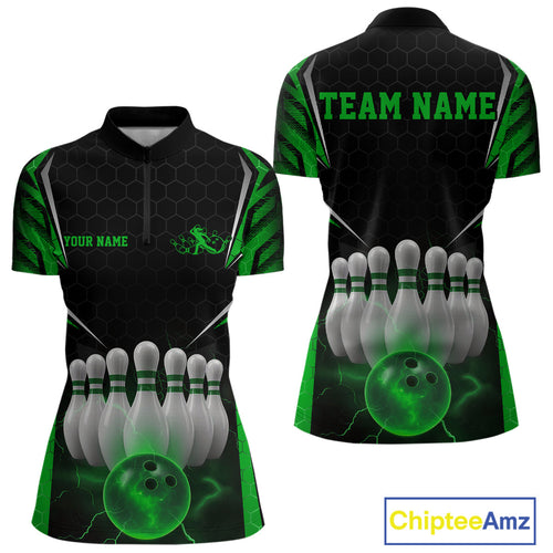Custom Black And Green Bowling Jersey, Bowler Uniform Bowling Women Quarter-Zip Shirt IPHW9285