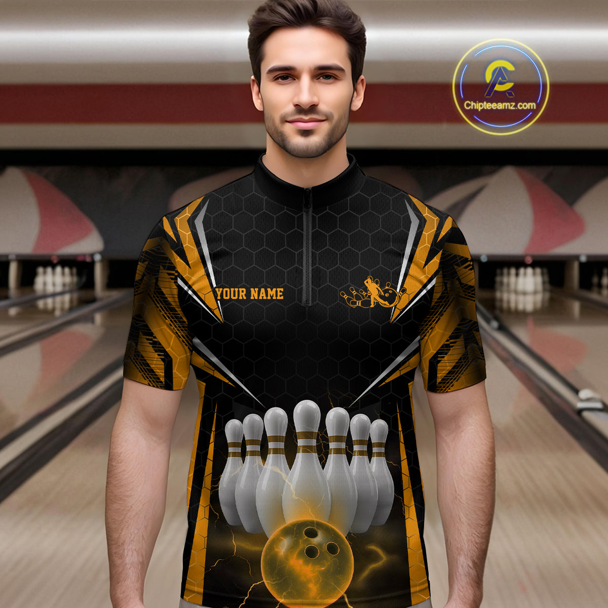Custom Black And Yellow Bowling Team Jerseys, Bowler Uniform Bowling Quarter-Zip Shirts For Men IPHW9286
