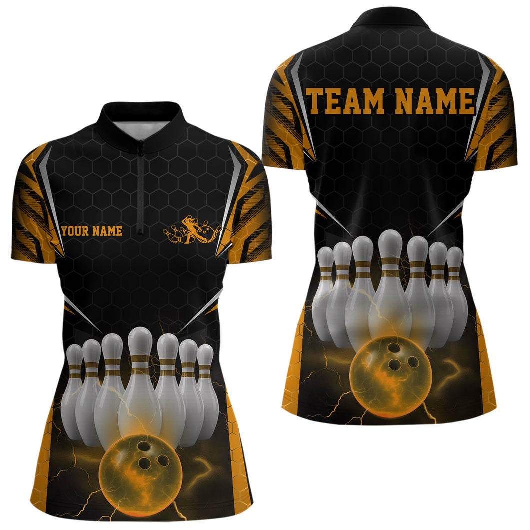 Custom Black And Yellow Bowling Jerseys, Bowler Uniform Bowling Women Quarter-Zip Shirts IPHW9286
