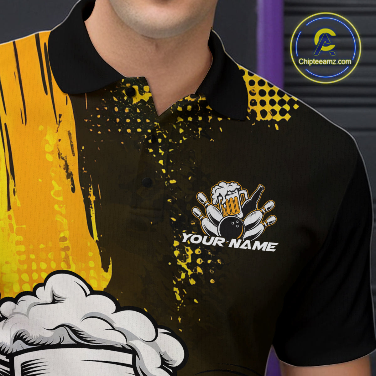 Custom Black And Yellow Funny Bowling And Beer Jerseys, Bowling Team Men Polo Shirts IPHW9606